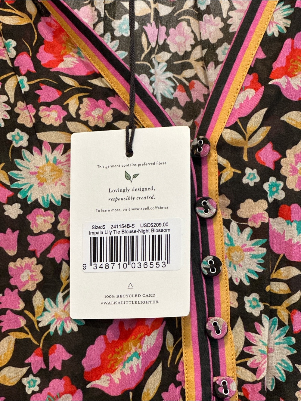 Spell Impala Tie Blouse - Night Blossom Floral Button-Front Peasant Blouse - S - Picture 5 of 6